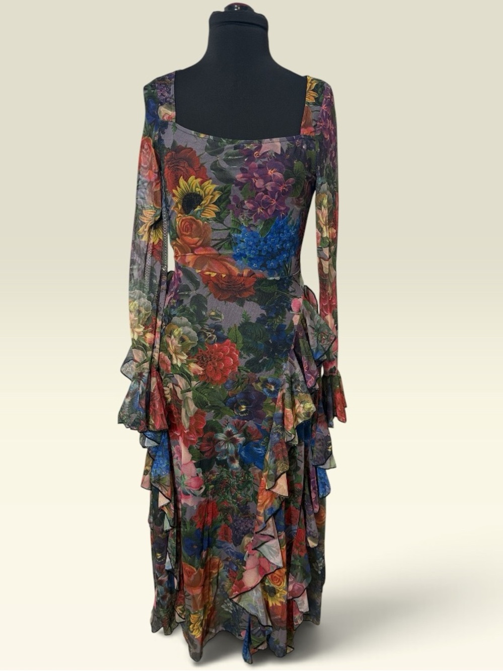 Square-Neck Floral Ruffle Maxi Dress - Multicolor